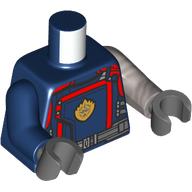 Lego Torso, Armor, Red Details, Flame (Captain Marvel Symbol) print, Odd Arms, Left Flat Silver Arm, Right Dark Blue Arm, Dark Bluish Grey Hands / Dark Blue