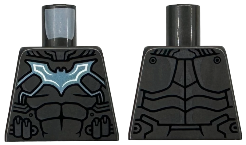Lego Torso Armor with Dark Silver Highlights, Metallic Light Blue and White Bat Symbol, Black Muscles Outline Pattern