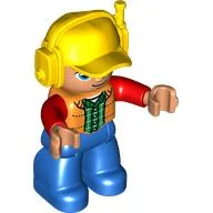 Duplo Figure with Headset and Cap Yellow, with Orange Vest over Green Shirt with Red Sleeves, Nougat Face and Hands, and Blue Legs / Orange