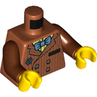 Lego Torso Jacket with Pinstripes, Broche, Medium Blue Bow Tie, Buttons, Yellow Shirt Print, Reddish Brown Arms, Yellow Hands / Dark Orange