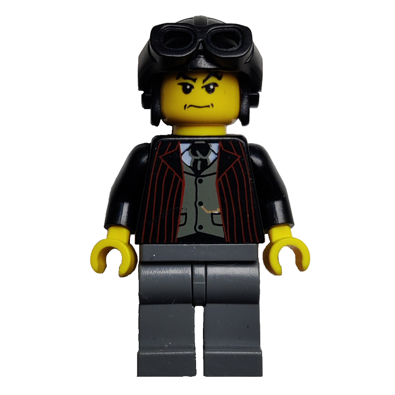 Lego Pilot, Open Black Jacket over Dark Gray Vest and Tie, Black Hat with Goggles