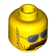 Minifig Head Motorcycle Mechanic, Moustache Brown Bushy, Stubble and Silver Sunglasses Print / Yellow