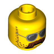 Lego Minifig Head Motorcycle Mechanic, Moustache Brown Bushy, Stubble and Silver Sunglasses Print / Yellow