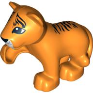 Lego Duplo Animal Tiger Cub with Raised Paw - Black Fur Stripes on Face and Back Print / Orange