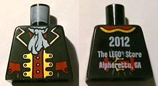 Lego Torso Pirate Captain Jacket Open with Gold Trim and Red Pockets over Red Shirt, White Ascot, 2012 The LEGO Store Alpharetta, GA Back Pattern