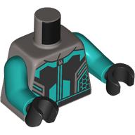 Lego Torso, Racing Suit, Dark Turquoise/Black/Silver Markings print, Dark Turquoise Arms, Black Hands / Flat Silver