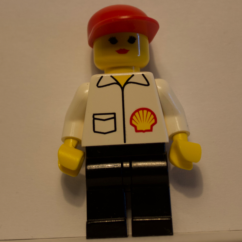 Lego Woman, White Shirt with Shell Logo, Red Cap