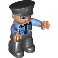 Lego Duplo Figure with Police Style Hat Black, with Medium Blue Top with Pockets and Badge, Black Legs / Medium Blue