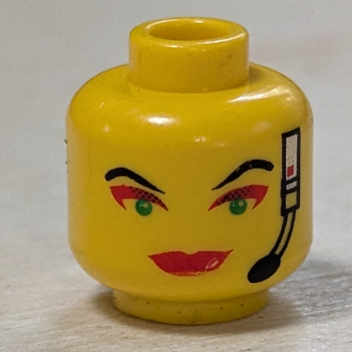 Lego Minifig Head Cam, Red Lips, Green Eyes, Red Eye Shadow, Headset Print / Yellow