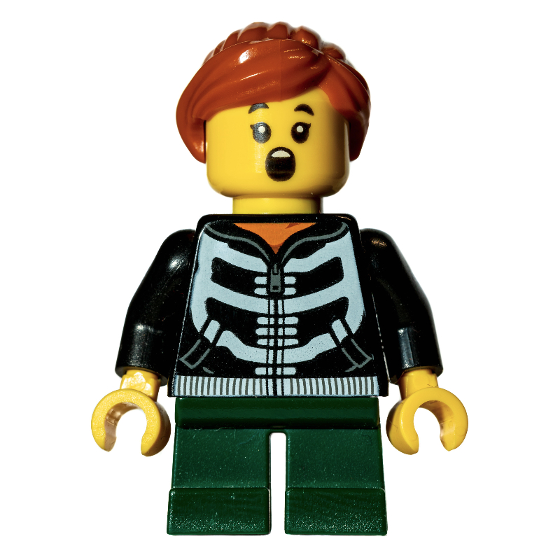 Lego Kid - Black Torso, Dark Green Legs, Dark Orange Hair