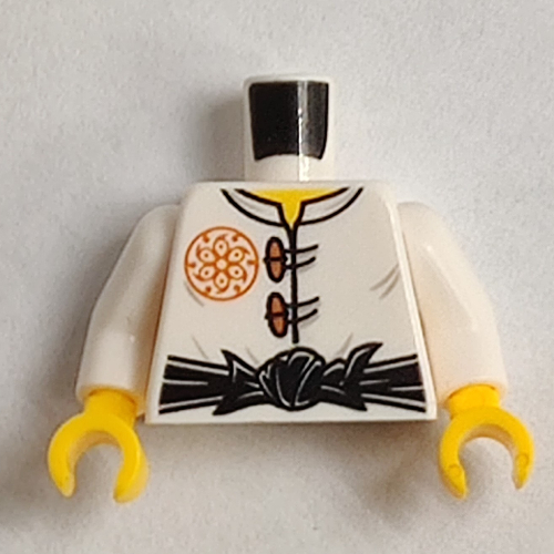 Lego Torso Robe, Clasps, Tied Black Sash Belt, Orange Flower Emblem on Chest / Pipe in Waistline on Back Print, White Arms, Yellow Hands / White