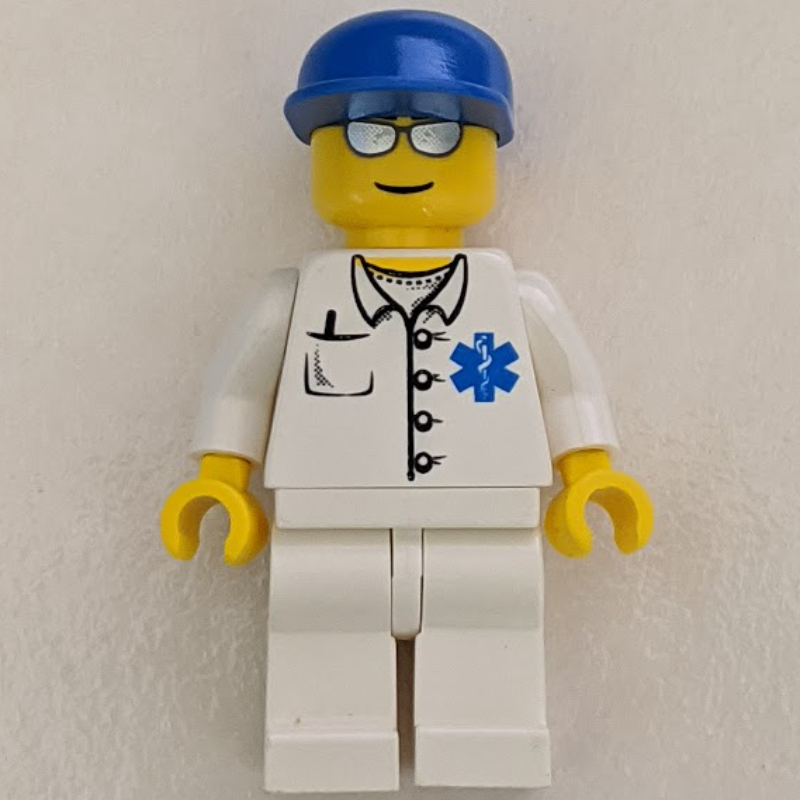 Lego Doctor, White Shirt with Star of Life Logo, Blue Cap, Silver Sunglasses