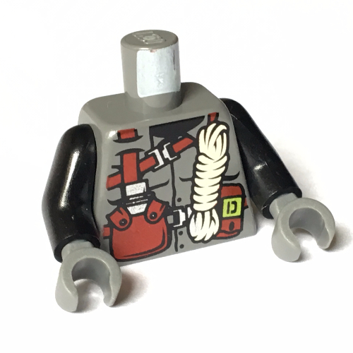 Lego Torso Vest with Dark Red Harness, Canteen, White Rope Print, Black Arms, Dark Bluish Gray Hands / Dark Bluish Gray
