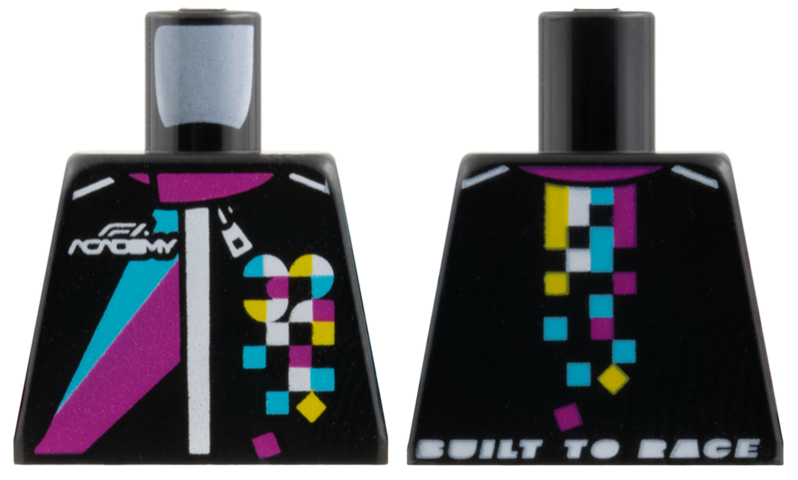 Lego Torso Jumpsuit Magenta and Medium Azure Stripes, White 'F1 Academy and Zipper', Squares and Quarter Circles Pattern