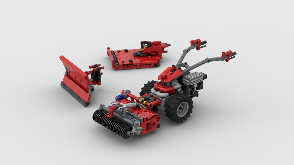 Lego Single-axle tractor with vertical mulcher, stone burier, and snowplough