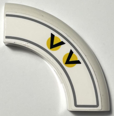 Lego Brick, Round Corner 5 x 5 x 1 without Studs with 2 Black Chevrons / V-Shapes on Yellow Circles and Dark Bluish Gray Border Pattern Model Right Side (Sticker) - Set 75327
