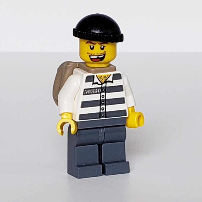 Lego Criminal, Prison Shirt with #50380, Dark Bluish Gray Legs, Black Hat, Dark Tan Back Pack, Open Mouth