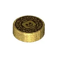 Tile Round 1 x 1 with Dark Red Doubloon, Minifig Head Print / Pearl Gold
