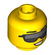 Lego Minifig Head, Silver/Dark Bluish Grey Big Sunglasses, Lobsided Smile / Yellow