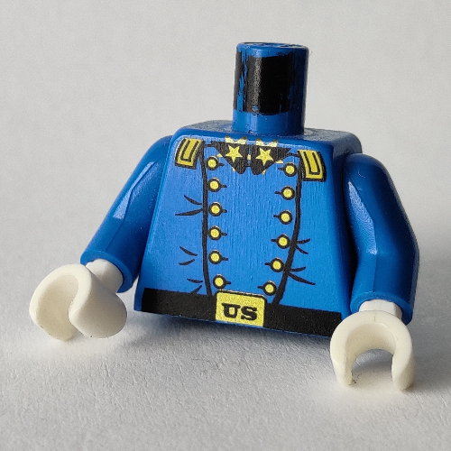 Lego Torso Jacket, Cavalry Uniform, 12 Buttons, 2 Gold Stars on Collar Print, Blue Arms, White Hands / Blue
