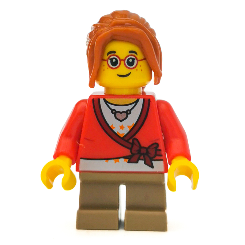 Lego Girl, Cardigan Tied with Bow, Necklace, Short Dark Tan Legs, Glasses
