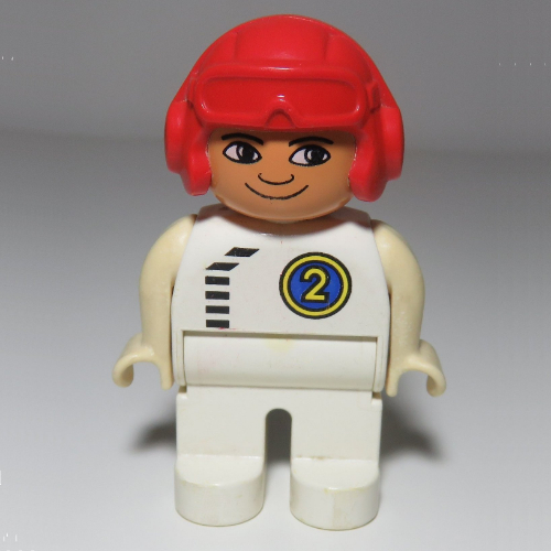 Lego Duplo Figure, Early, Aviator Hat Red, White Legs, Top with Black Zipper and Racer #2 in Blue Circle Print / White
