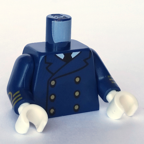 Lego Torso Jacket, 6 Gold Buttons, White Shirt with Black Tie print, Dark Blue Arms with Gold Rank Insignia Print, White Hands / Dark Blue