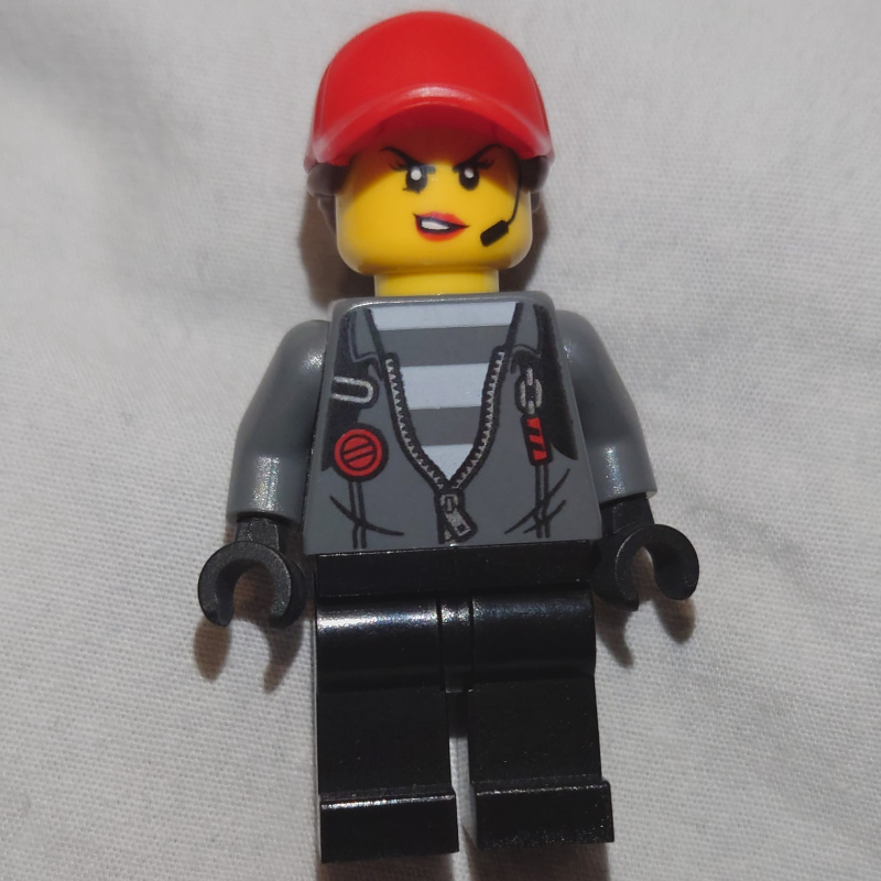 Lego Criminal, Woman, Open Dark Bluish Gray Jacket with Zipper over Prison Shirt, Red Cap with Hair