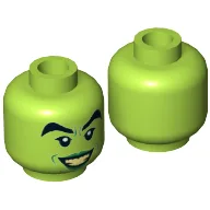 Minifig Head Wicked Witch, Female, Black Thick Eyebrows, Green Lips and Open Smile with Bright Light Yellow Teeth Print [Hollow Stud] / Lime