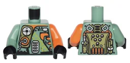 Torso Olive Green, Orange and Silver Mechanical Pack and Body Armor Pattern / Orange Arm Left / Sand Green Arm Right / Black Hands
