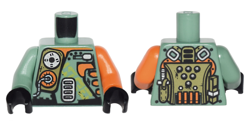 Lego Torso Olive Green, Orange and Silver Mechanical Pack and Body Armor Pattern / Orange Arm Left / Sand Green Arm Right / Black Hands