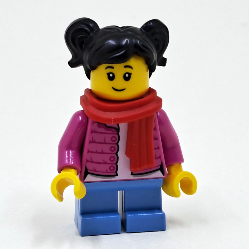 Lego Girl, Open Dark Pink Jacket, Short Medium Blue Legs, Red Scarf, Black Hair