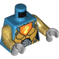 Lego Torso Armor Gold and Silver with Dragon Head on Orange Pentagonal Shield Print, Pearl Gold Arms, Light Bluish Gray Hands / Dark Azure