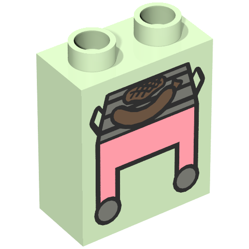 Lego Duplo Brick 1 x 2 x 2 with Pink BBQ / Grill and Hot Dog Print / Light Green