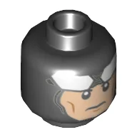 Minifig Head Batman, White Goggles on Forehead, Stern / Slight Smile Print / Black