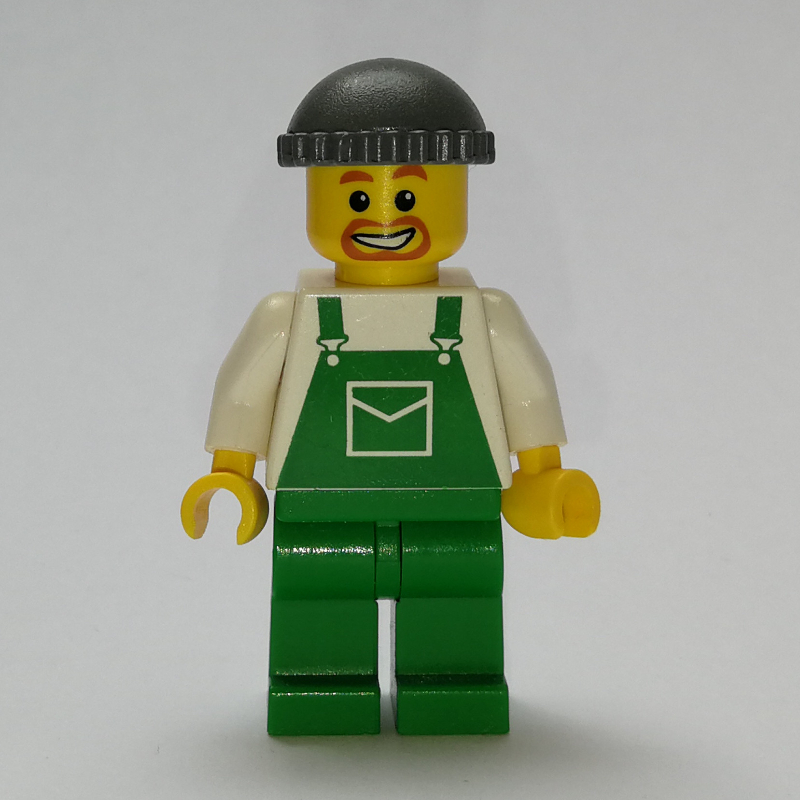 Lego Man, Green Overalls, Dark Bluish Gray Hat, Goatee Beard