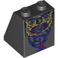 Lego Brick Sloped 65° 2 x 2 x 2 with Bottom Tube and Gold Skeleton Hips and Ribs and Magenta and Dark Purple Swirls Print / Black