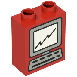 Duplo Brick 1 x 2 x 2 with Computer Monitor and Keyboard Print / Red