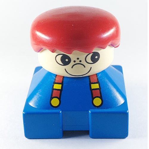 Lego Duplo 2 x 2 x 2 Figure Brick, Spiky Bangs, White Head, Red Hair, Suspenders, White Freckle Nose Head Print / Blue