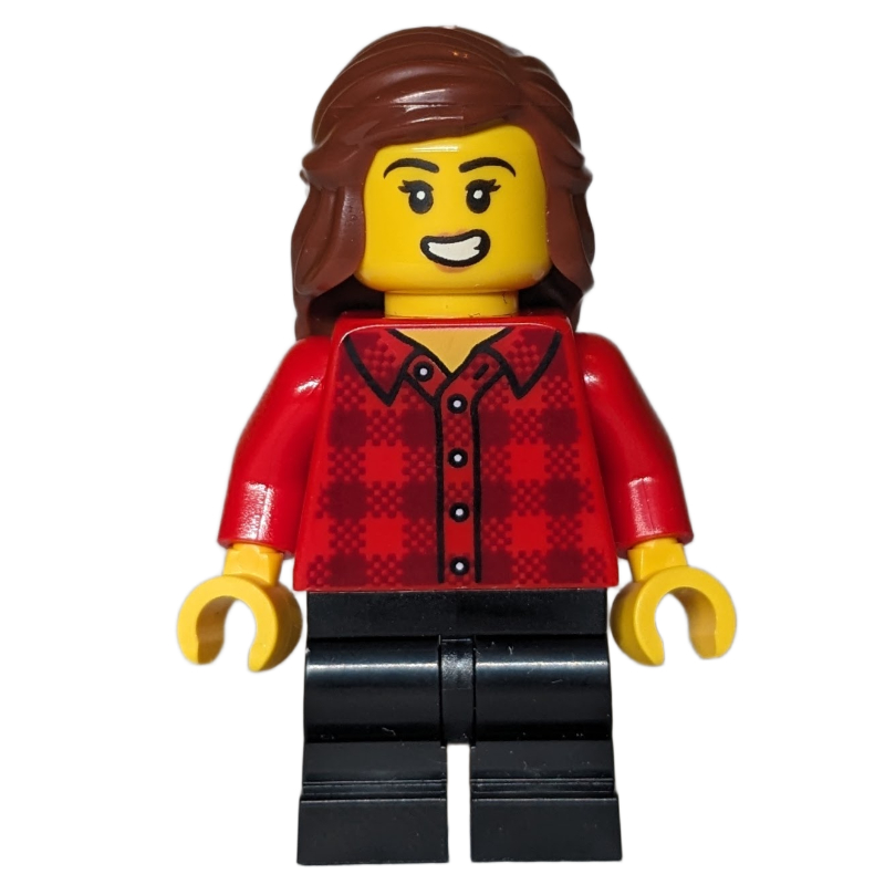 Lego Girl, Red Torso, Black Medium Legs, Reddish Brown Hair