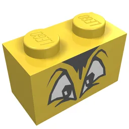 Brick 1 x 2 with Black and White Squinting Eyes and Hair Print / Yellow