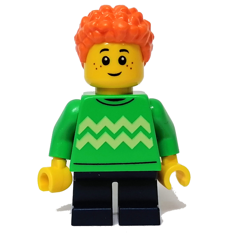 Lego Boy, Green Sweater, Orange Hair