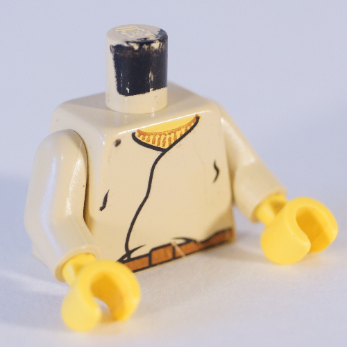 Lego Torso Closed Layered Shirt, Brown Belt, Yellow Neck Print, Tan Arms, Yellow Hands