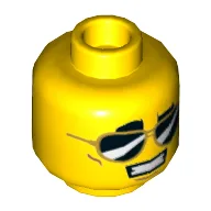 Minifig Head, Reflective Sunglasses, Smile with Teeth / White Pupils Print / Yellow