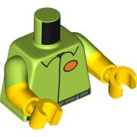 Lego Torso, Dual Molded Arms, Shirt, Sand Blue Belt, Orange ID Tag print, Bright Green Sleeves Pattern, Yellow Arms and Hands