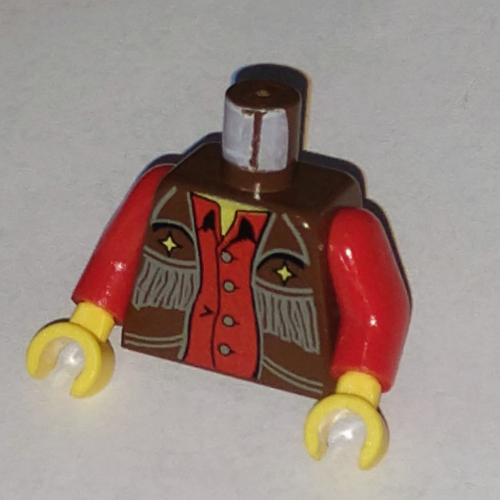 Lego Torso Cowboy Vest with Fringe, Gold Stars and Red Shirt Print, Red Arms, Yellow Hands / Brown