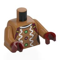Lego Torso, Gingerbread, White Icing, Green/Dark Red Gumdrop Buttons, Dark Red Suspenders print, Medium Nougat Arms, Dark Red Hands / Medium Nougat