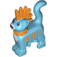 Lego Animal, Cat, Standing with Bright Light Orange Spiky Mohawk and Collar, Bright Light Orange Stripes print / Medium Azure
