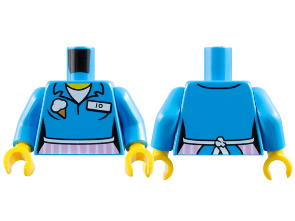 Lego Torso Female Shirt with Ice Cream Cone, 'JO' Name Tag, White Apron with Bright Pink Stripes, Yellow Neck Pattern / Dark Azure Arms / Yellow Hands