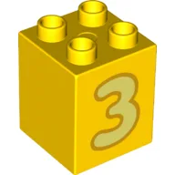 Duplo Brick 2 x 2 x 2 with Bright Light Yellow '3' Print / Yellow